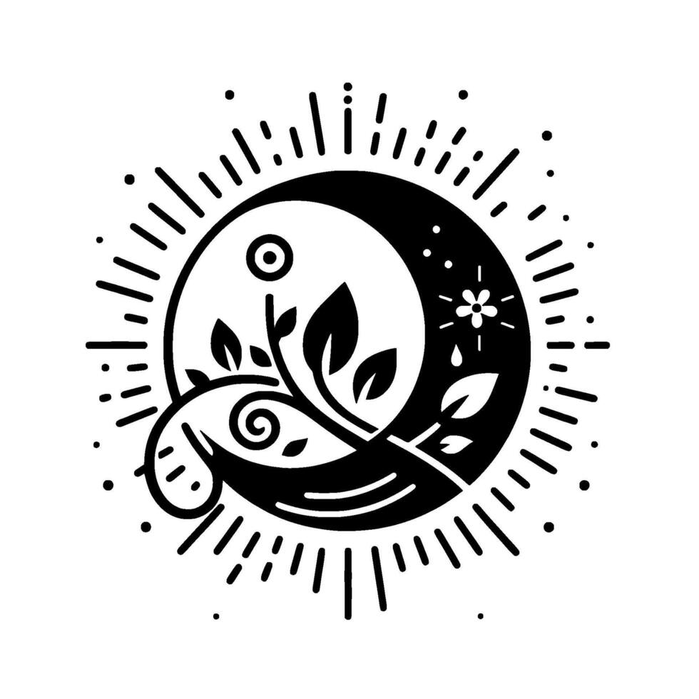 A stylized black and white celestial emblem depicting moon phases with flora, radiating energy and balance, evoking natures cycles. vector