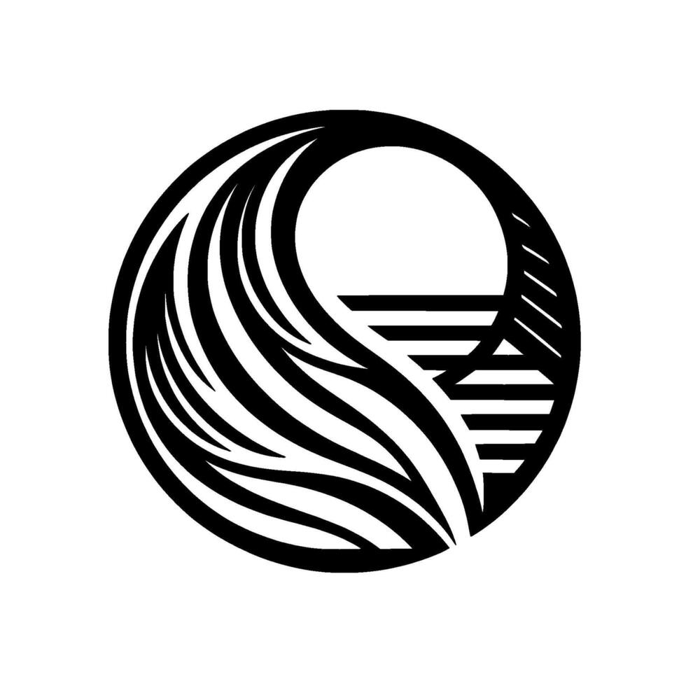 Abstract monochrome featuring a stylized ocean scene within a circle waves flow into a horizon with horizontal lines and a simplified sun or moon. vector