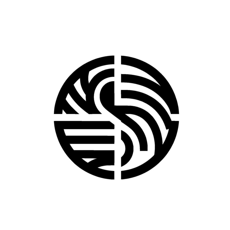 A bold, geometric emblem composed of interconnected black shapes forming an abstract within a circle, set against a clean white backdrop. vector