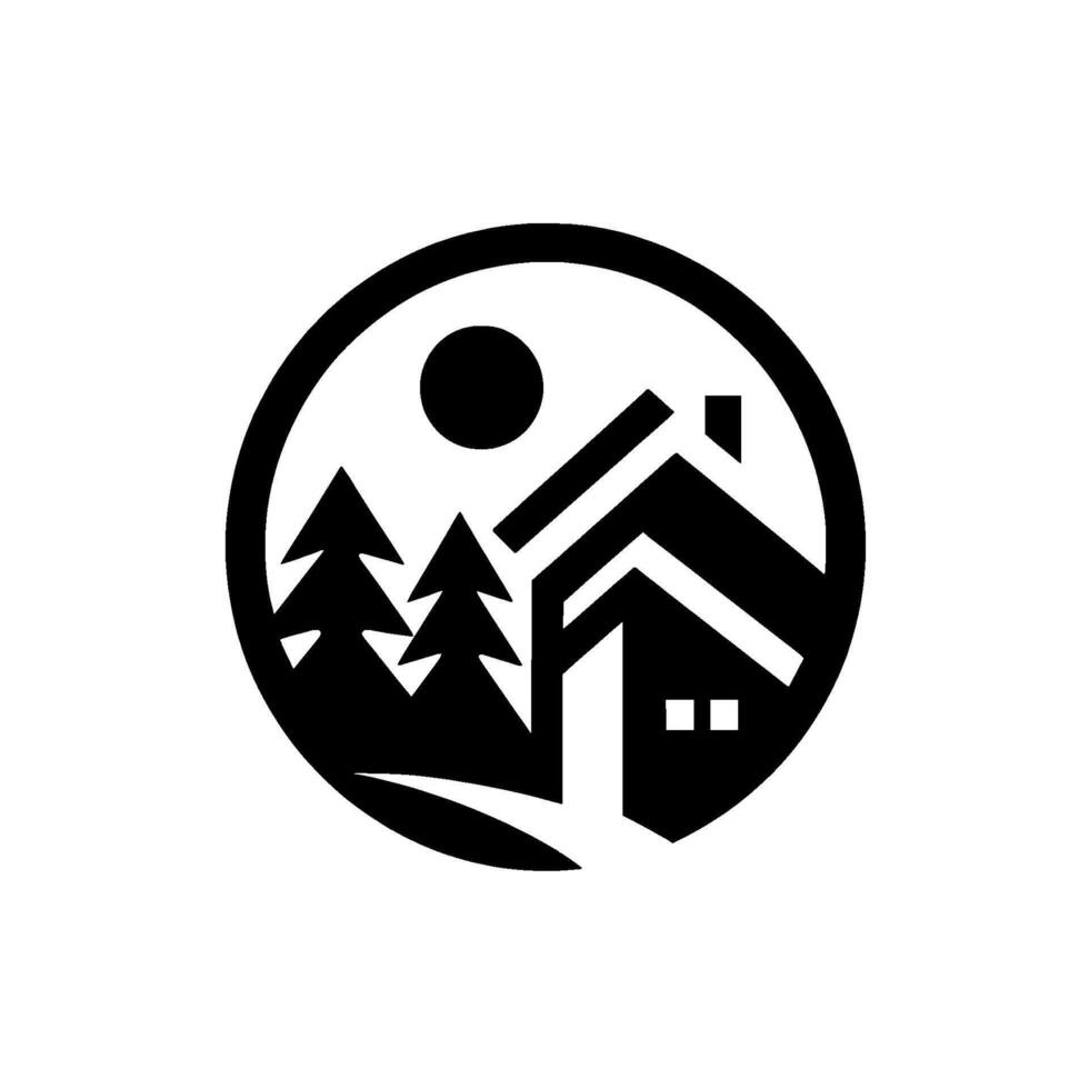 Minimalist black and white circular emblem A cozy cabin nestled among pine trees under a sun, evoking peace. vector