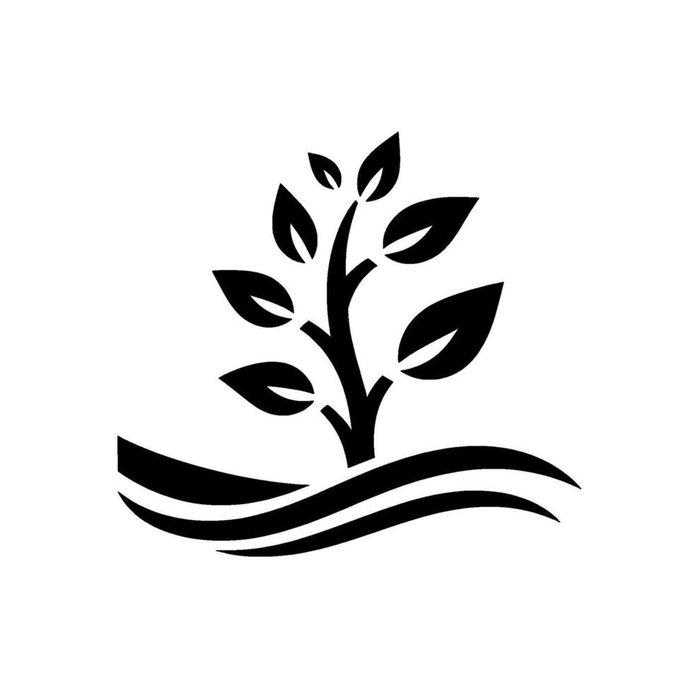 Minimalist black silhouette of a growing plant with leaves emerging from stylized ground waves, conveying growth and nature. vector