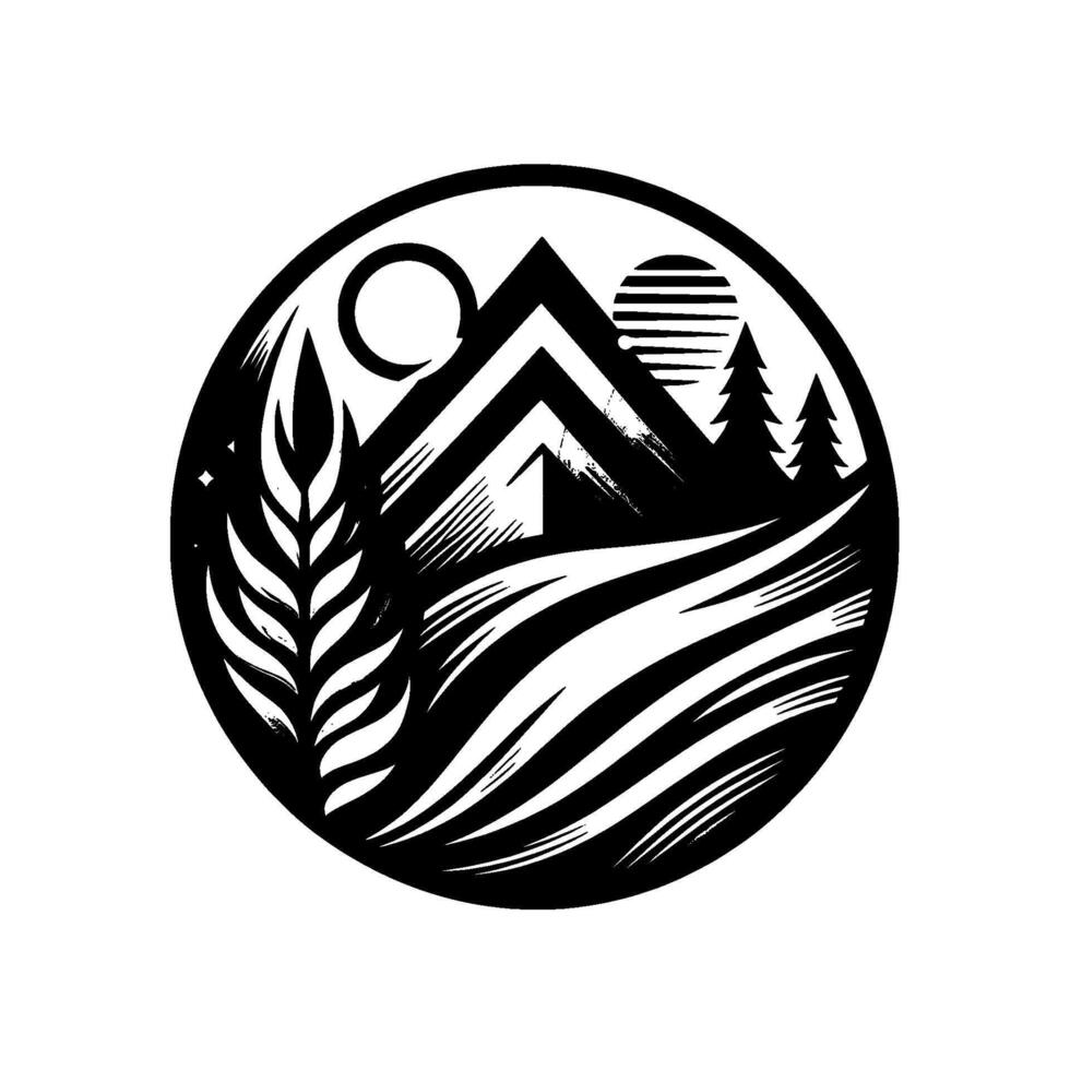Circular Monochrome Emblem Mountain Cabin, Landscape, Sun, Moon, Trees, and Stylized Foliage. vector