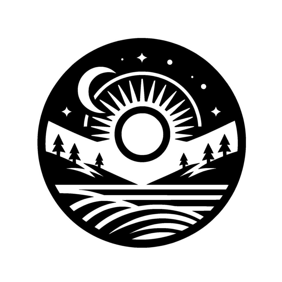 Black and white circular depicting a stylized landscape a mountain range with pine trees, a radiating sun, a crescent moon, and a body of water under a starry sky. vector