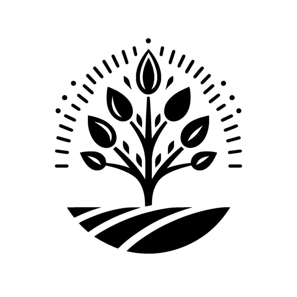 Stylized monochrome featuring a blossoming tree, leaves, and a field with radial line elements, evoking growth and nature. vector