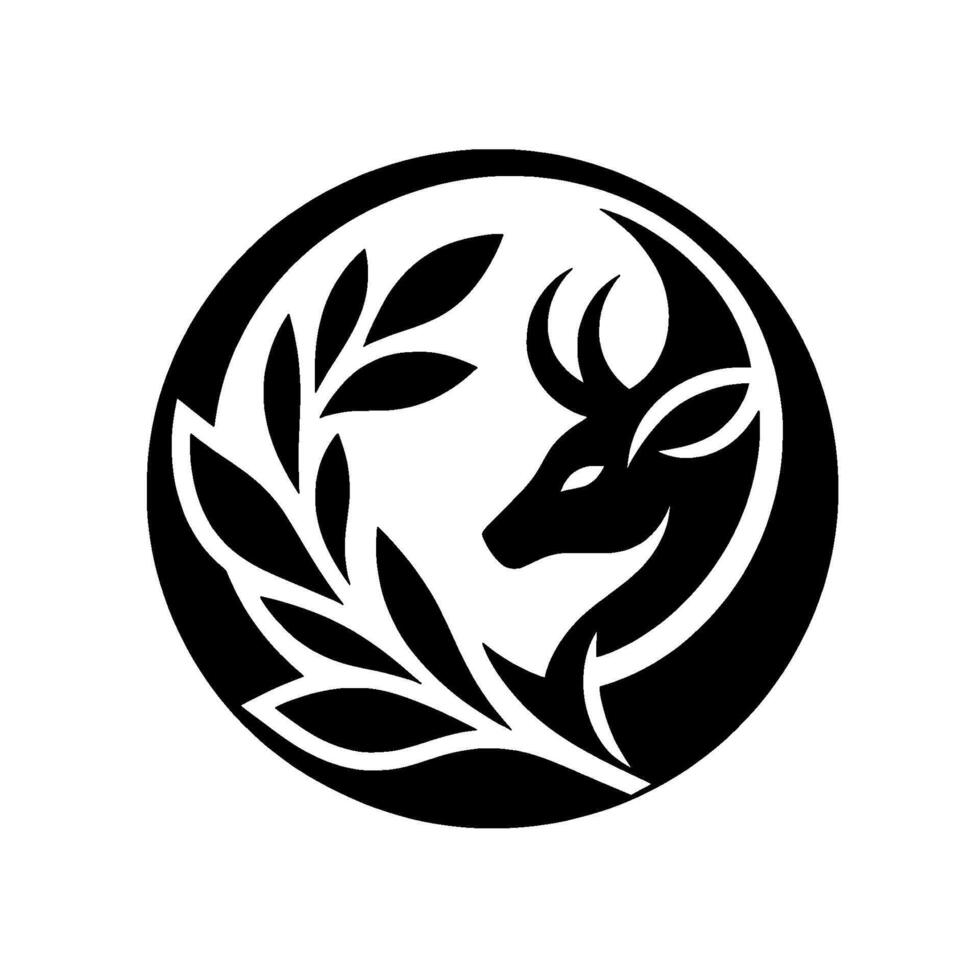 Circular Black White Emblem Stylized Silhouette of Deer Head with Antlers Encircled by Laurel Branches on White Background. vector