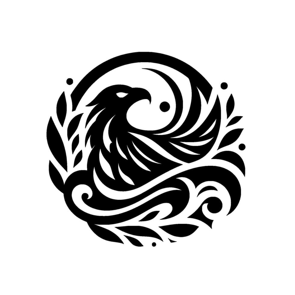 A stylized, black and white of an eagle inside a swirling, organic , forming a circular emblem of strength and nature. vector