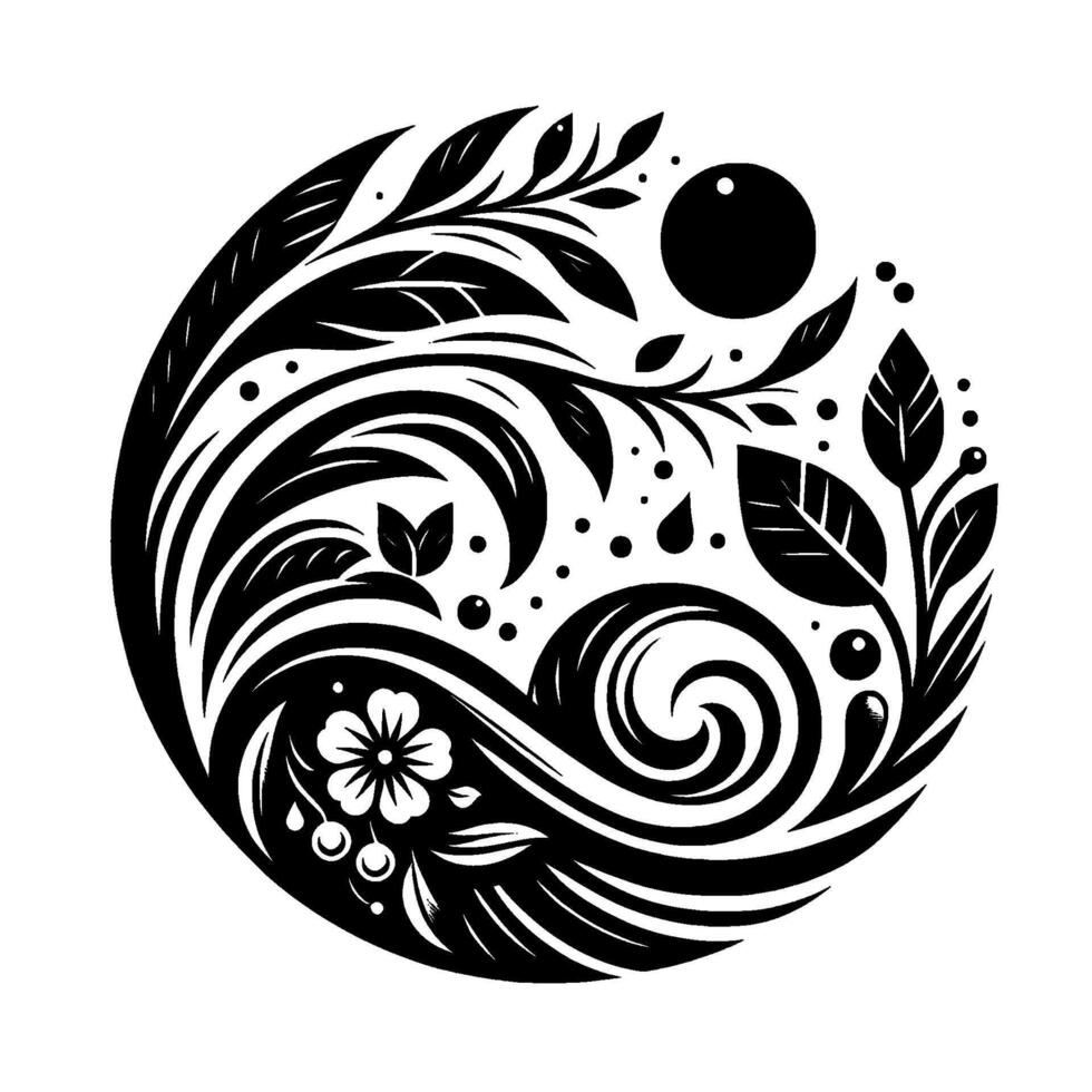 A symmetrical, stylized, monochrome botanical illustration enclosed within a circle, showcasing leaves, swirls, floral elements, and a central sunlike shape against a pure white backdrop. vector