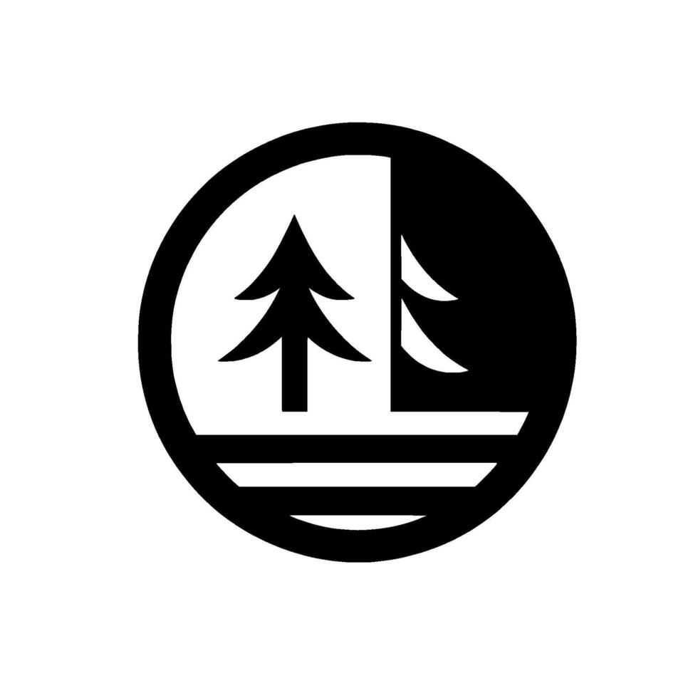 A monochrome, stylized depicting two pine trees in a halflight, halfdark segmented circle, symbolizing balance and the environment. vector