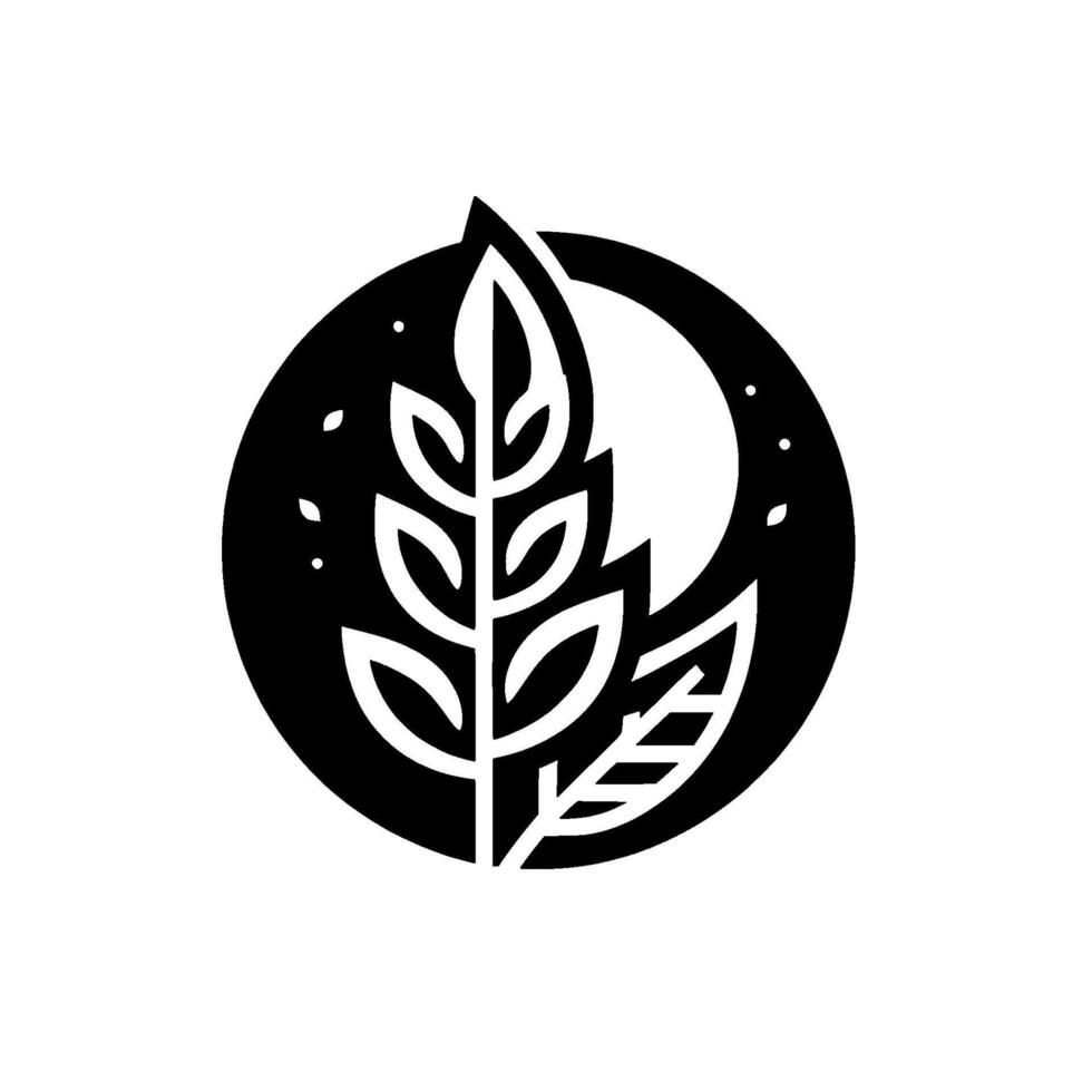Abstract black and white minimalist featuring a stylized wheat stalk, leaf, and moon shape, suggesting nature and organic elements. vector