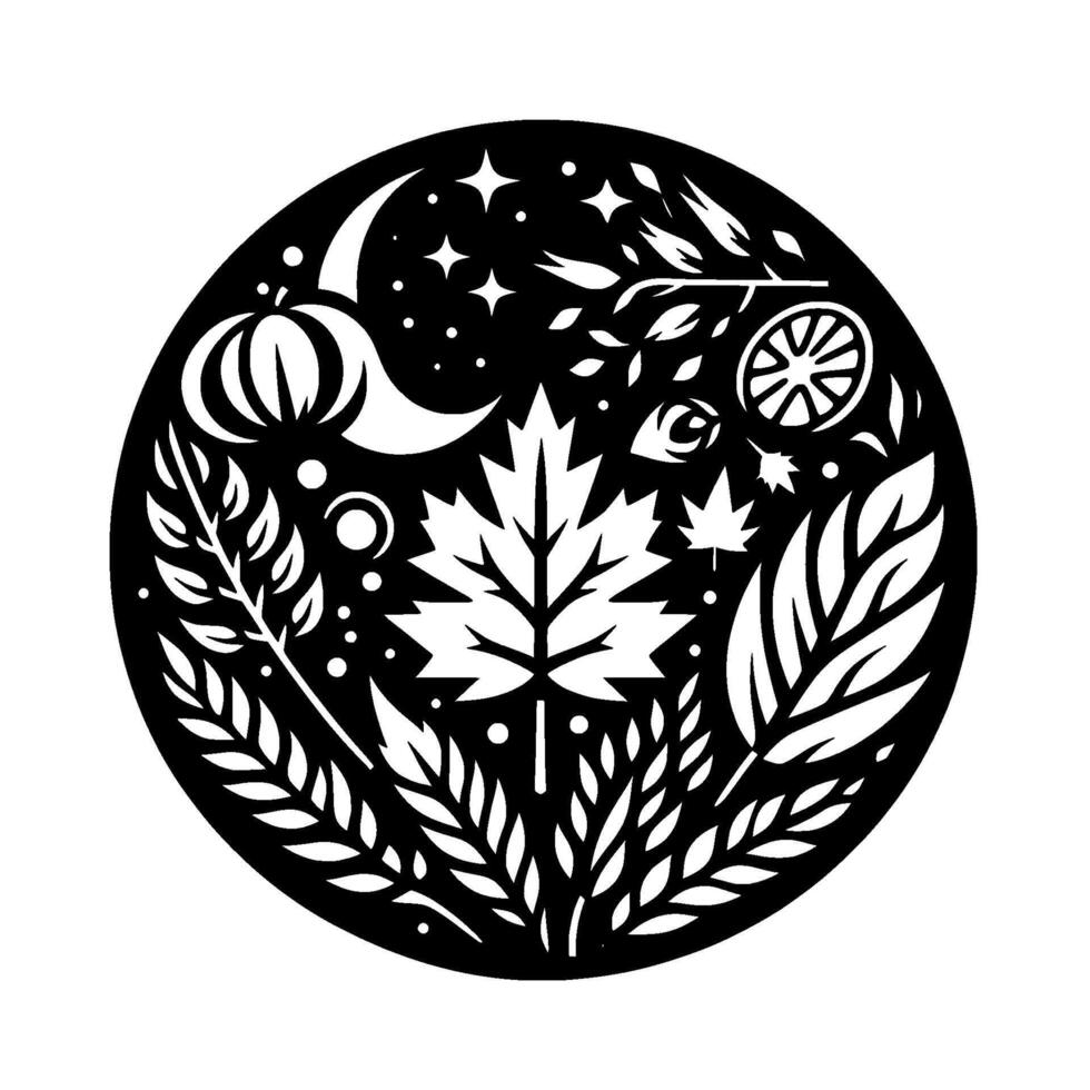A black and white circular illustration showcasing autumn elements pumpkin, crescent moon, stars, leaves, and floral motifs arranged in a symmetrical . vector