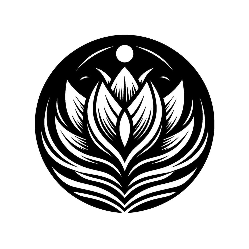 Black and white geometric floral , a stylized lotus emblem enclosed in a circular frame, with a sunmoon symbol, conveying tranquility and minimalism. vector
