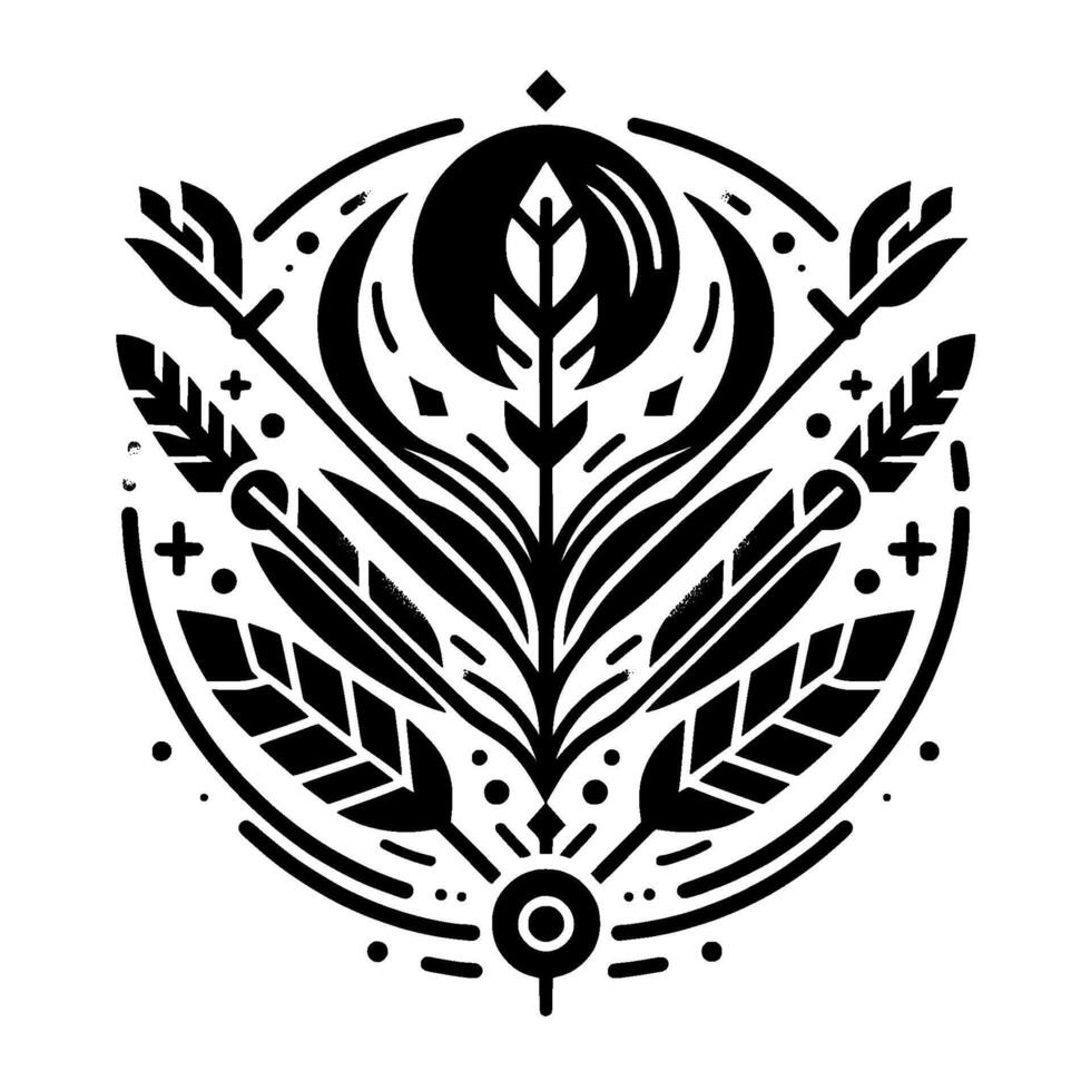 Intricate Black and White Circular Featuring Botanical and Geometric Elements, Moon, Arrows, and Symbolism. vector