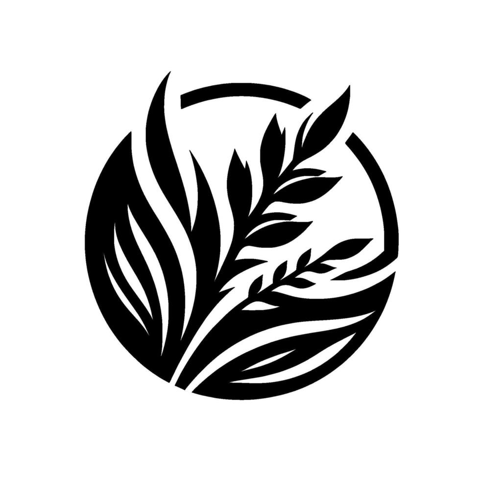 Circular black and white featuring a plant with leaves and organic shapes inside a black circle on a white background, minimalist style. vector