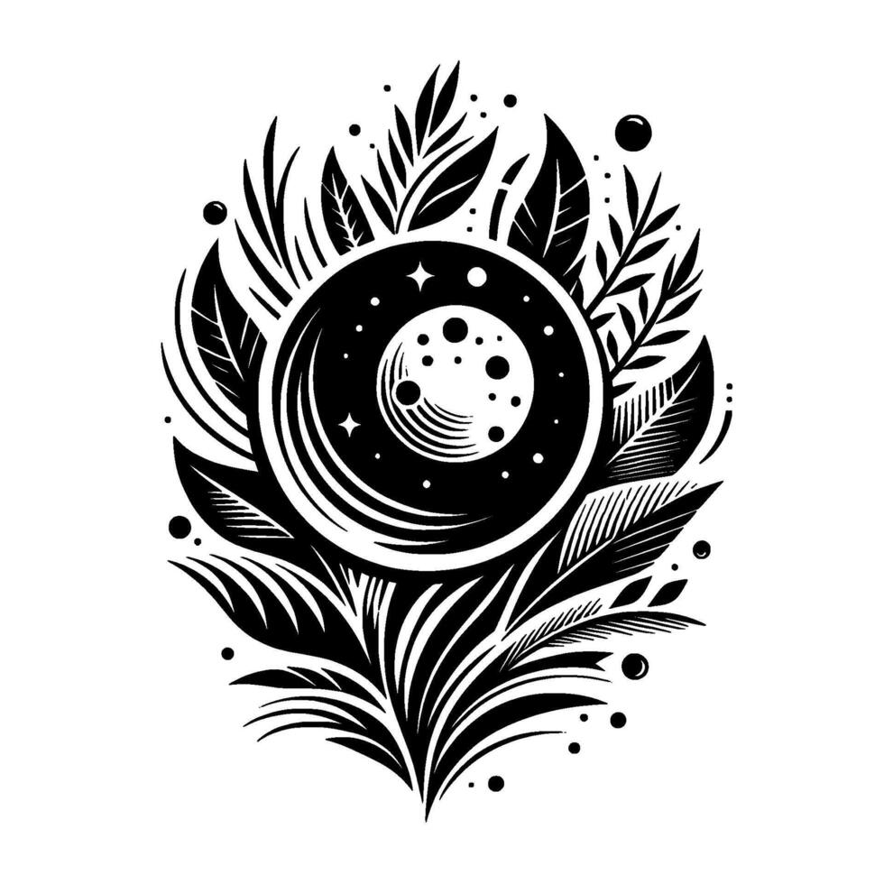 Black and white illustration of a celestial body, possibly the moon, encircled by leaves, branches, and organic shapes, radiating serenity and minimalism. vector
