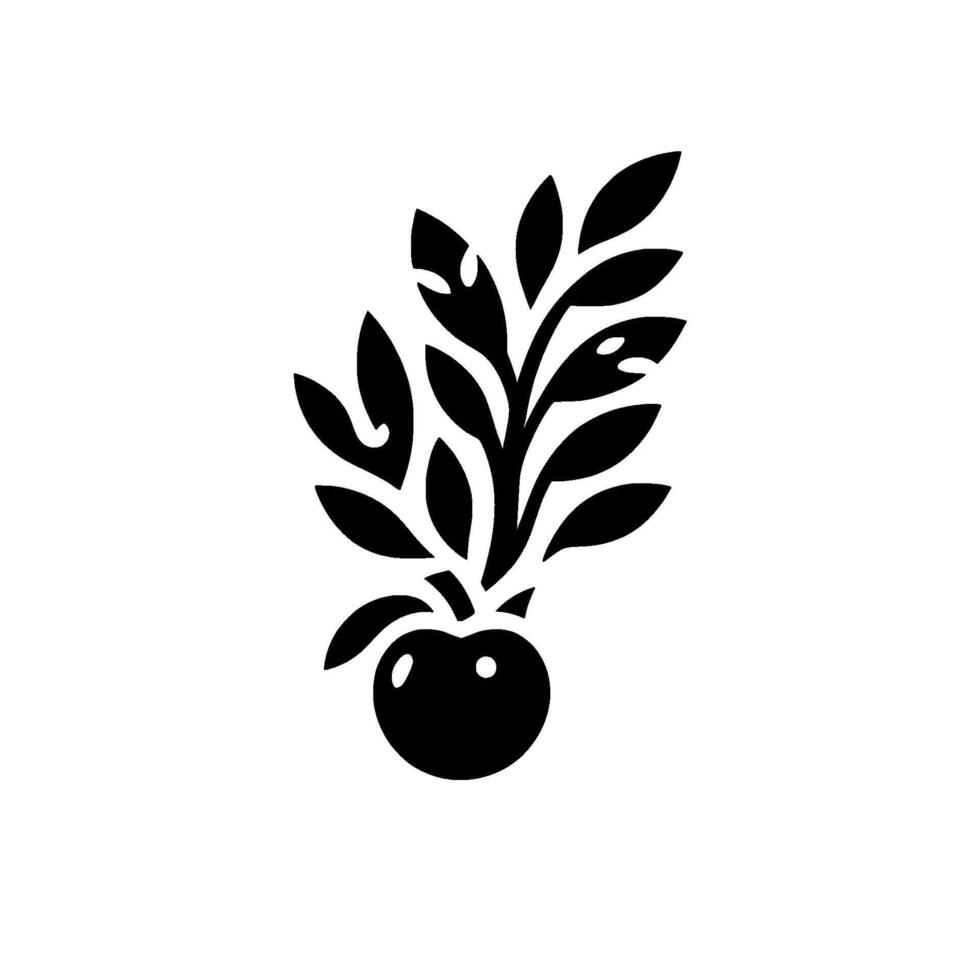 Minimalist Black Silhouette of a Plant with Leaves and a Rounded Fruit, set against a pristine white background, simple yet elegant. vector