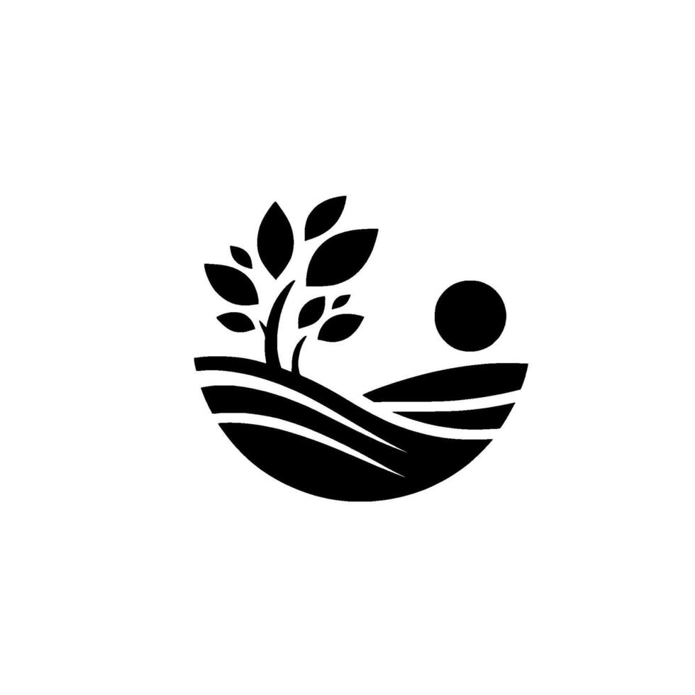 Minimalist Circular Featuring a Stylized Tree, Rolling Hills, and a Sun Silhouette on a White Background. vector