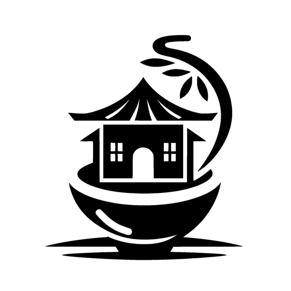Stylized black and white illustration of a miniature oriental house nestled within a bowl, accented by a curved branch and leaves. vector