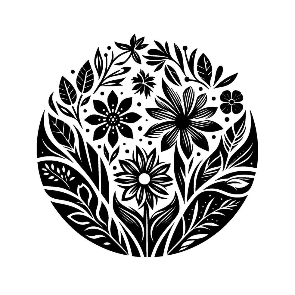 Intricate Monochrome Floral Arrangement Stylized Flowers, Leaves, and Foliage Composed Within a Circular Frame, Black White. vector