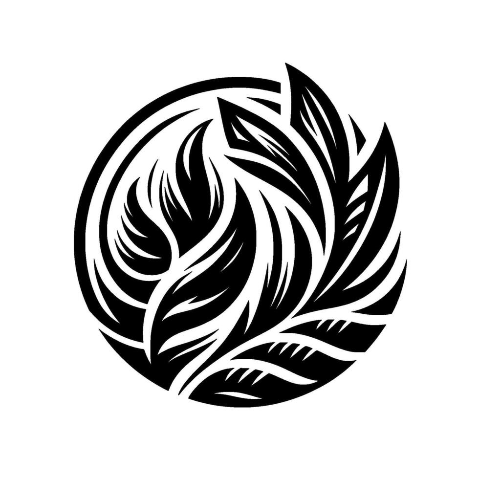 A stylized black and white floral , featuring layered leaflike shapes arranged within a circle, evoking a sense of organic geometry and bold contrast. vector