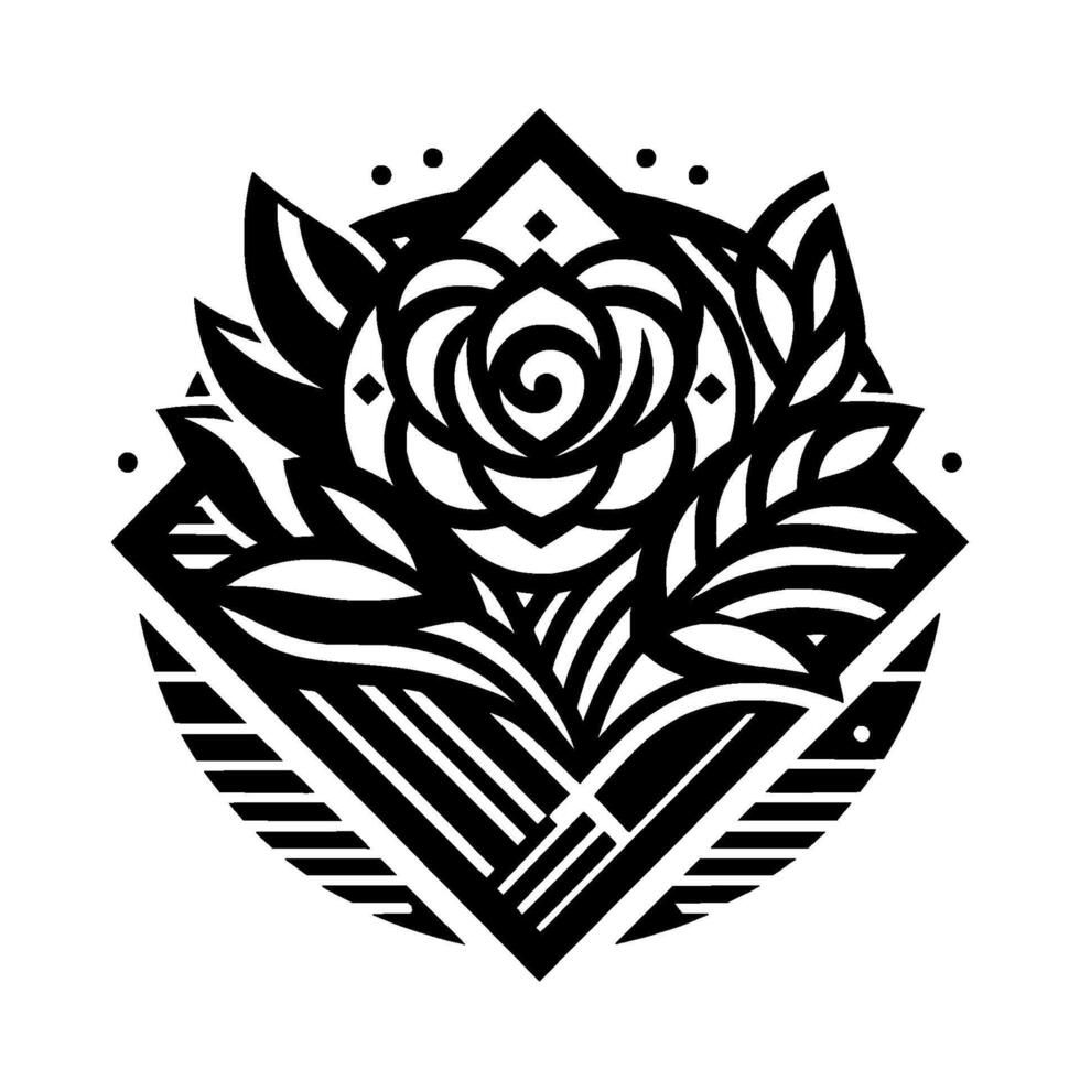 Geometric Rose and Leaf Bold Black and White Floral Composition Within Diamond and Circular Forms, Abstract, Decorative. vector