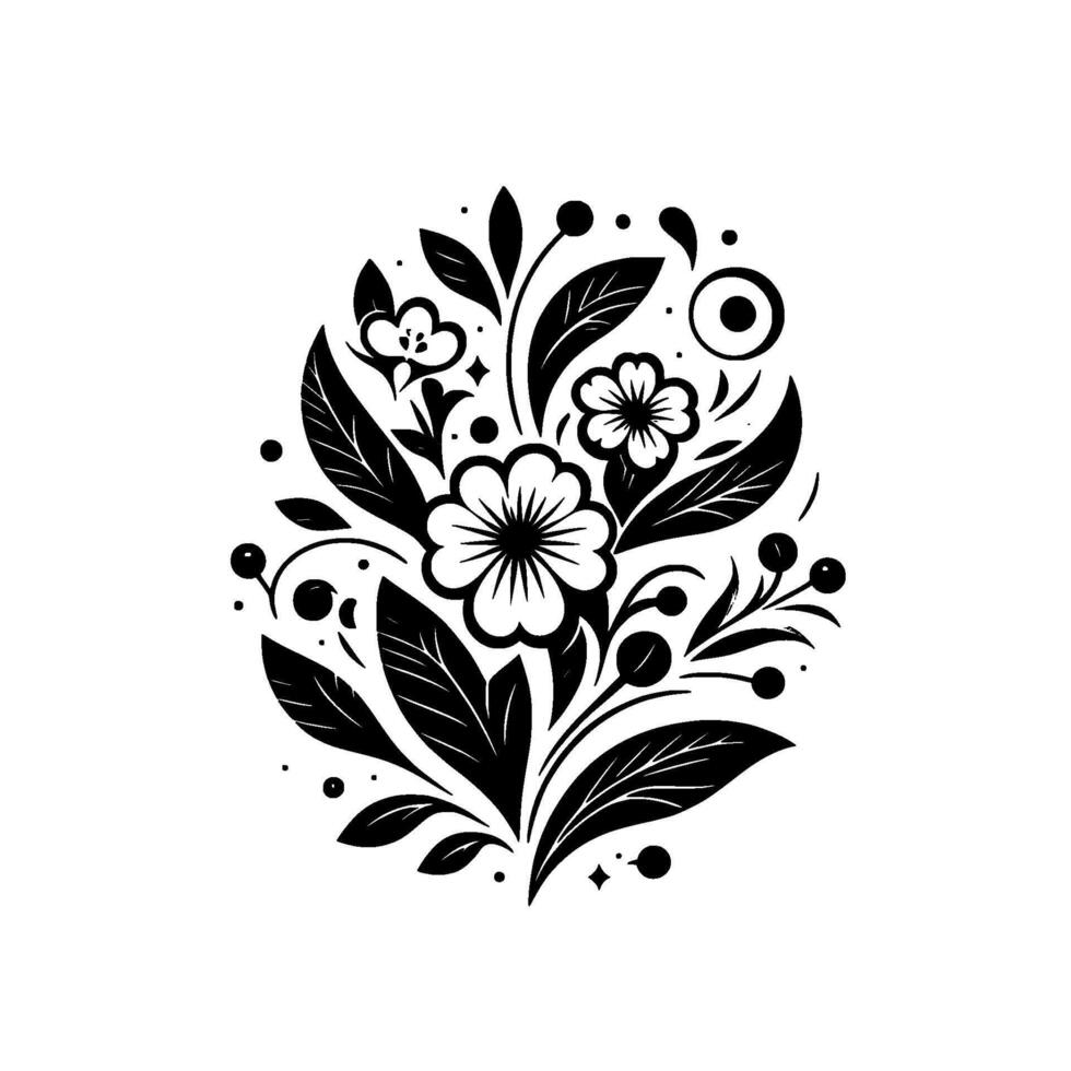 Elegant black and white floral arrangement, a symmetrical of stylized flowers, leaves and berries in a symmetrical cluster against a clean white background. vector