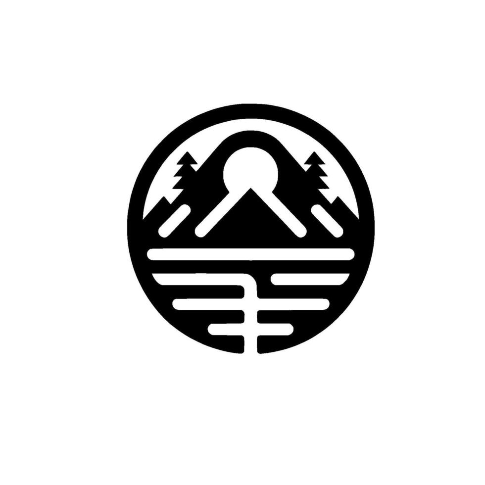 A minimalist black and white circular emblem features a mountain, sun, trees, and waterlike shape, representing nature and adventure. vector