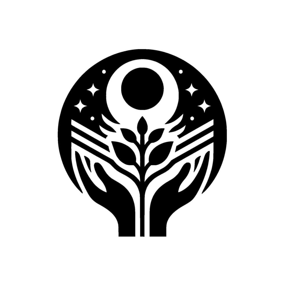 Black and white circular depicting hands cradling a growing plant with stars, a moon, and celestial elements. vector