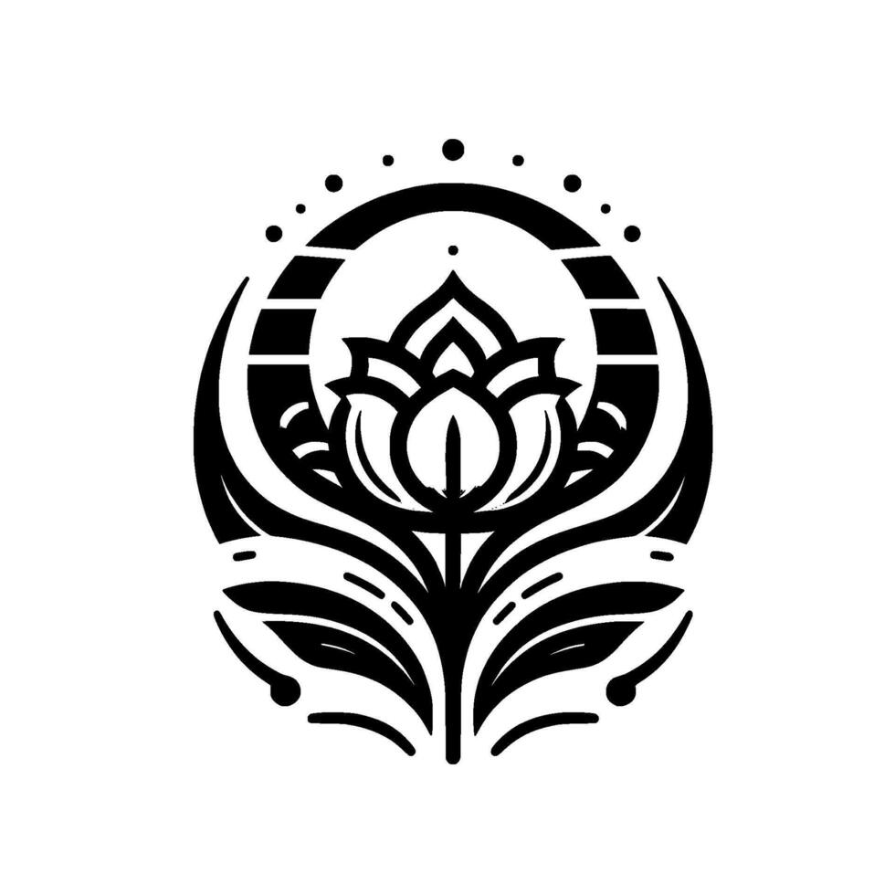 Elegant black and white floral , enclosed in an oval composition, featuring a stylized lotus with an intricate moonlike background and delicate leaf details. vector