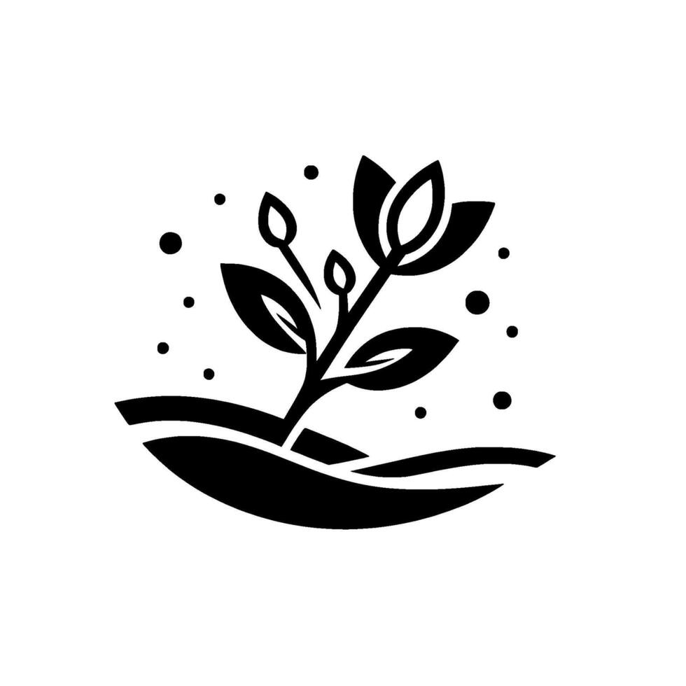 Minimalist Black and White Botanical Illustration of a Sprout in a Curved Terrain with Floating Dots, Symbolizing Growth and Nature. vector