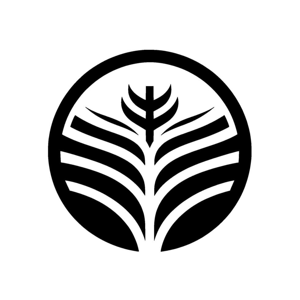 Bold black and white minimalist featuring a stylized tree or plant emblem within a circular frame, signifying growth. vector