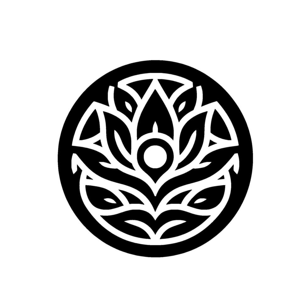 Symmetrical Black and White Floral Mandala , Circular Pattern, Symbolic Art with Leaves and Central Detail. vector