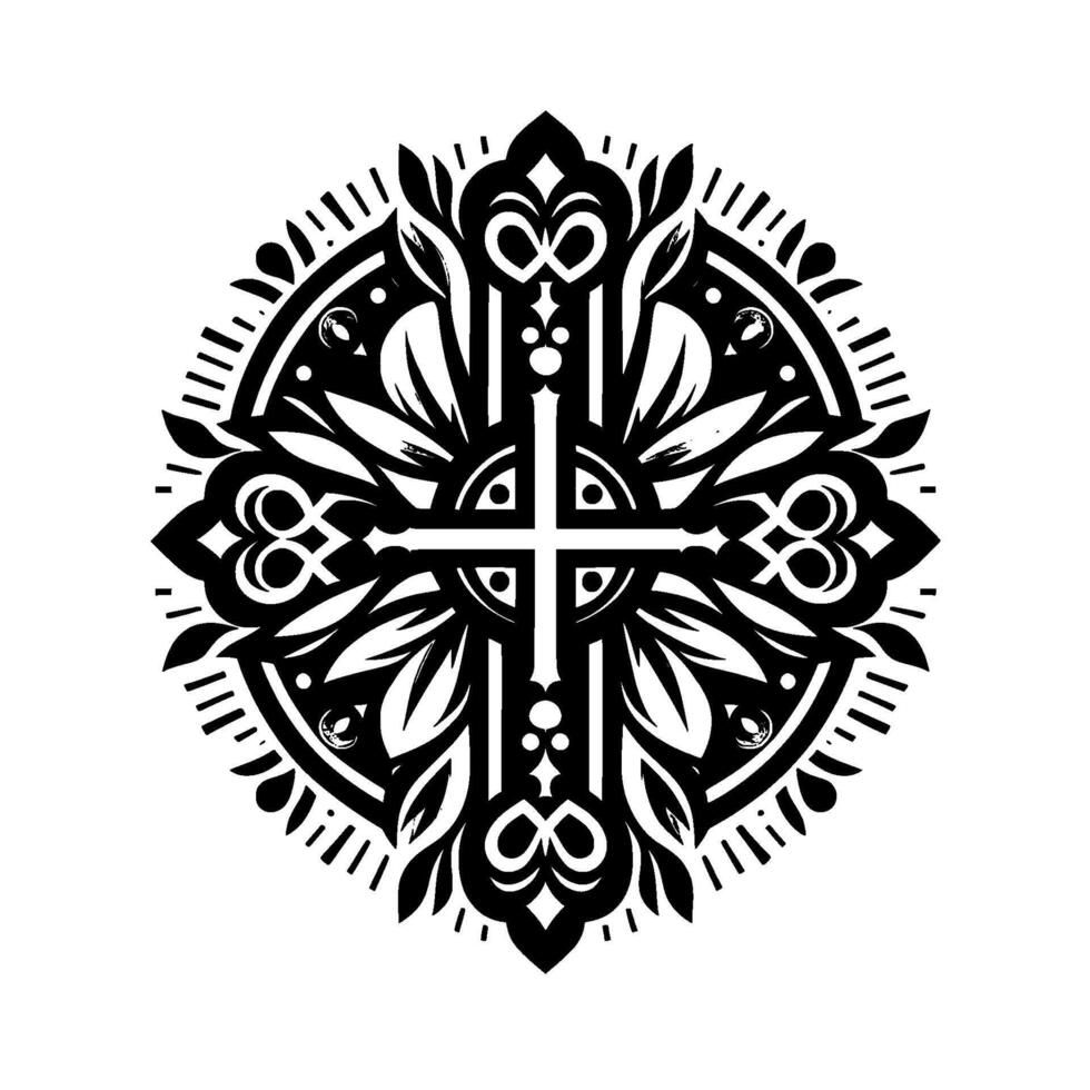 Intricate Black White Mandala Featuring a Cross, Adorned with Ornate Floral Elements and Geometric Detailing, Set Against a Clean White Background. vector