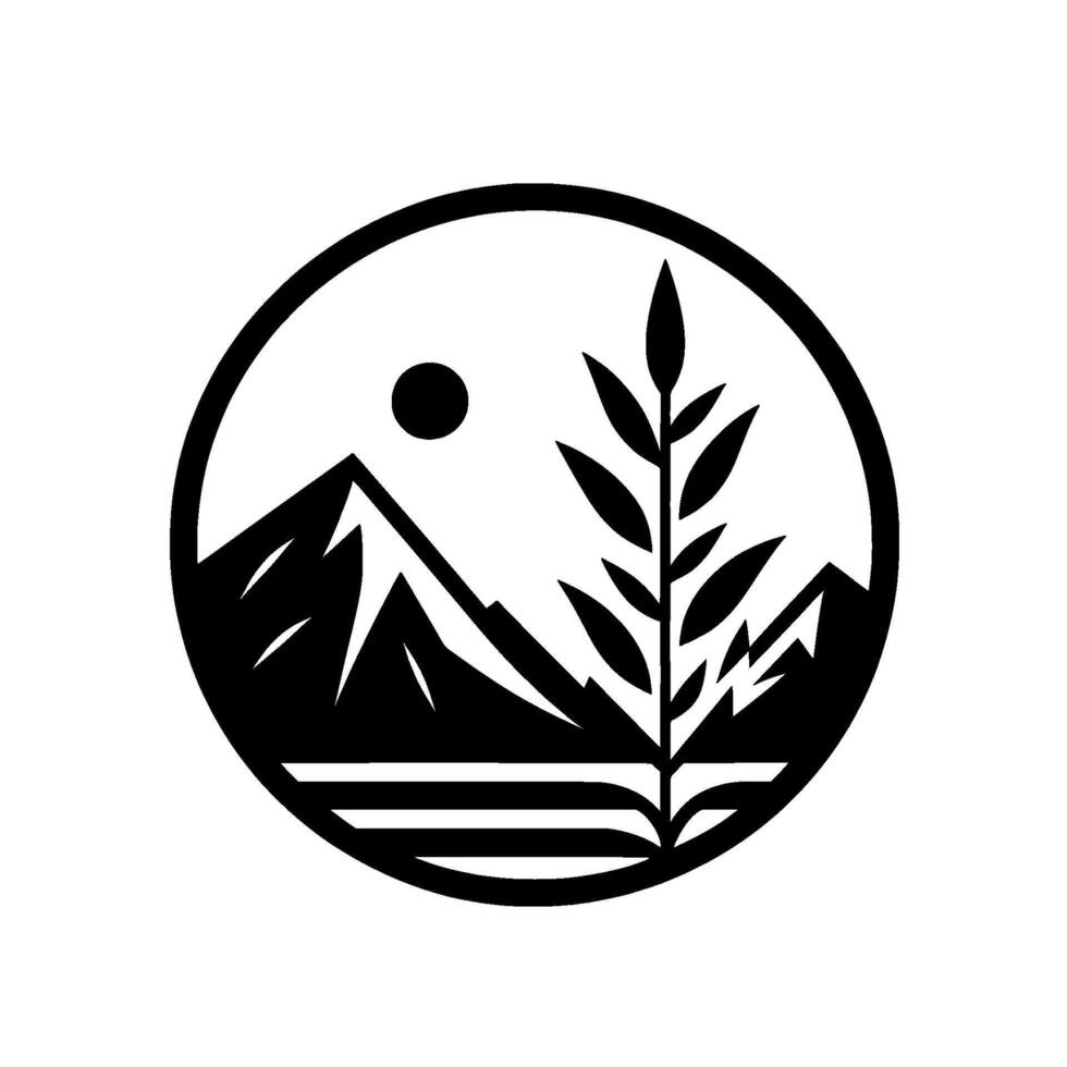 Black and White Circle Depicting Mountains, Sun, and Foliage, Representing Nature and Outdoors. vector