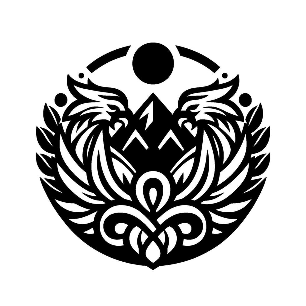 Symmetrical, monochromatic emblem featuring two stylized eagle heads flanking a mountain, enclosed in a circle with decorative elements, evoking strength and nature. vector