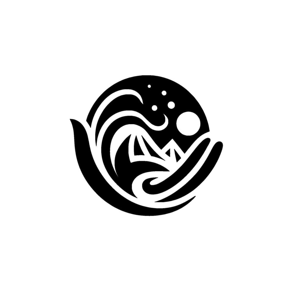 Abstract black and white illustration featuring a mountain range and crescent moon embraced within stylized, swirling elements, all encapsulated within a circle, against a clean white background. vector