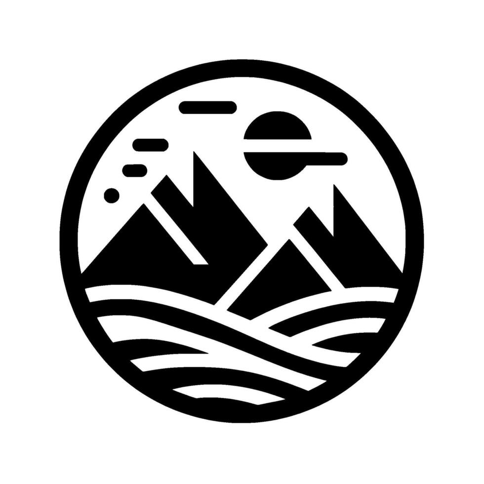 Minimalist Black and White Circular Emblem Depicting Mountains, Sun, Clouds, and Water, Evoking Natures Tranquility. vector