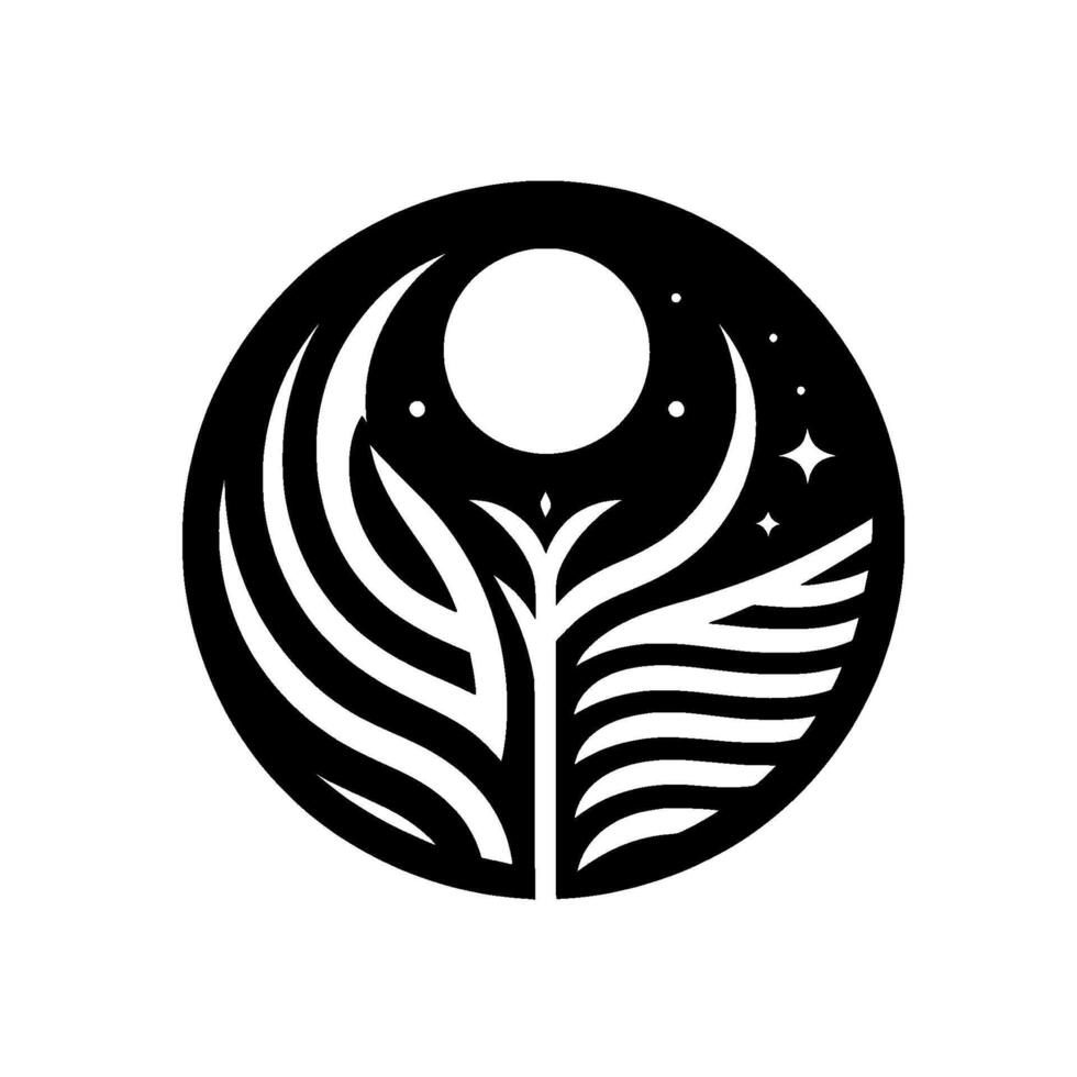 A stylized celestial emblem, featuring a central treelike form reaching towards a moon within a dark sphere, complemented by stars and a minimalist aesthetic. vector