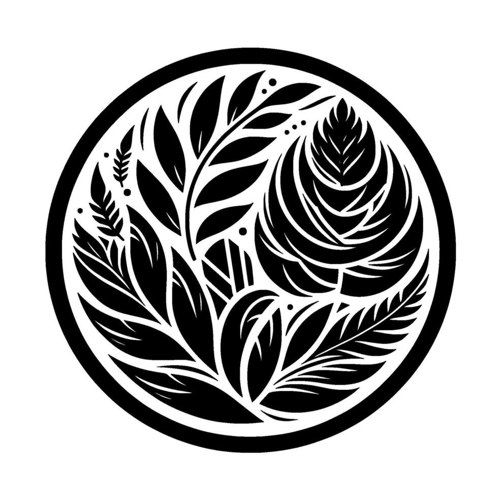 Circular Black and White Botanical Illustration Stylized Leaves and Foliage Arranged within a Circle, Minimalist, and . vector
