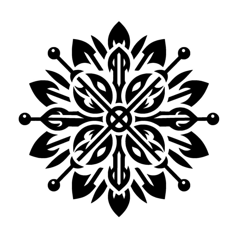Symmetrical, stylized black and white floral with arrowlike elements and circular accents, creating a mandalalike aesthetic on a white background. vector