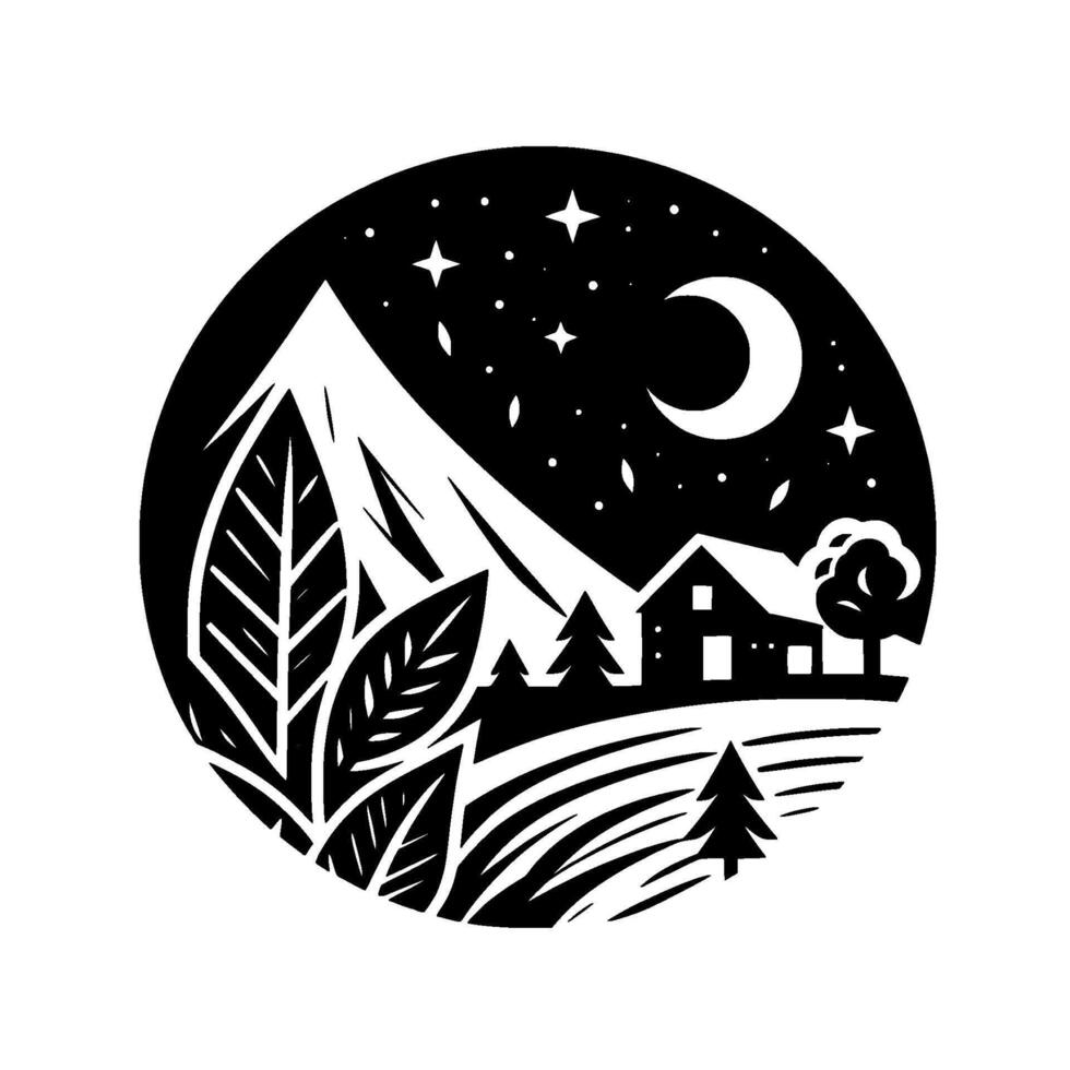 A stylized, blackandwhite circular illustration of a serene nighttime landscape featuring mountains, a crescent moon, stars, a house, trees, and foliage, evoking a sense of tranquility. vector