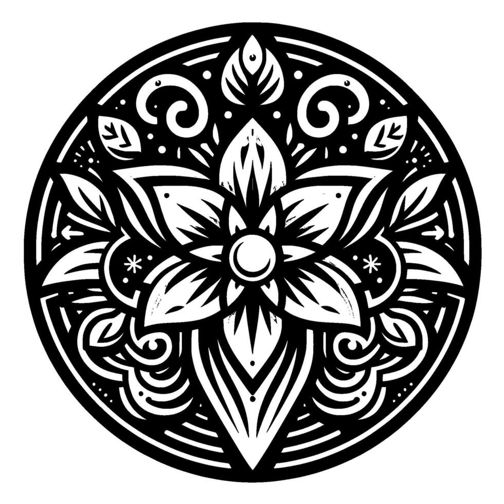 Intricate black and white floral mandala, symmetrical with stylized petals, leaves, and swirling elements, set within a circular border. vector