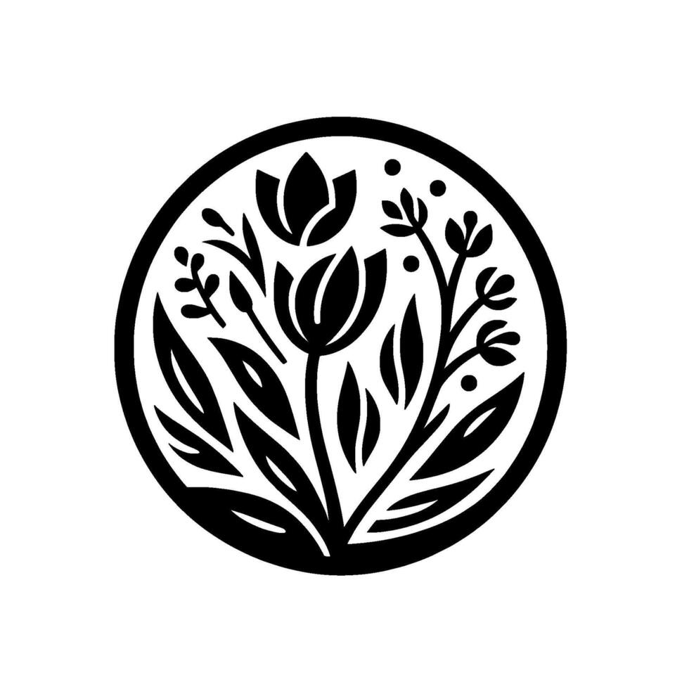 Intricate black and white floral emblem, enclosed in a circle, features stylized tulips, leaves, and delicate branches, a minimalist nature . vector