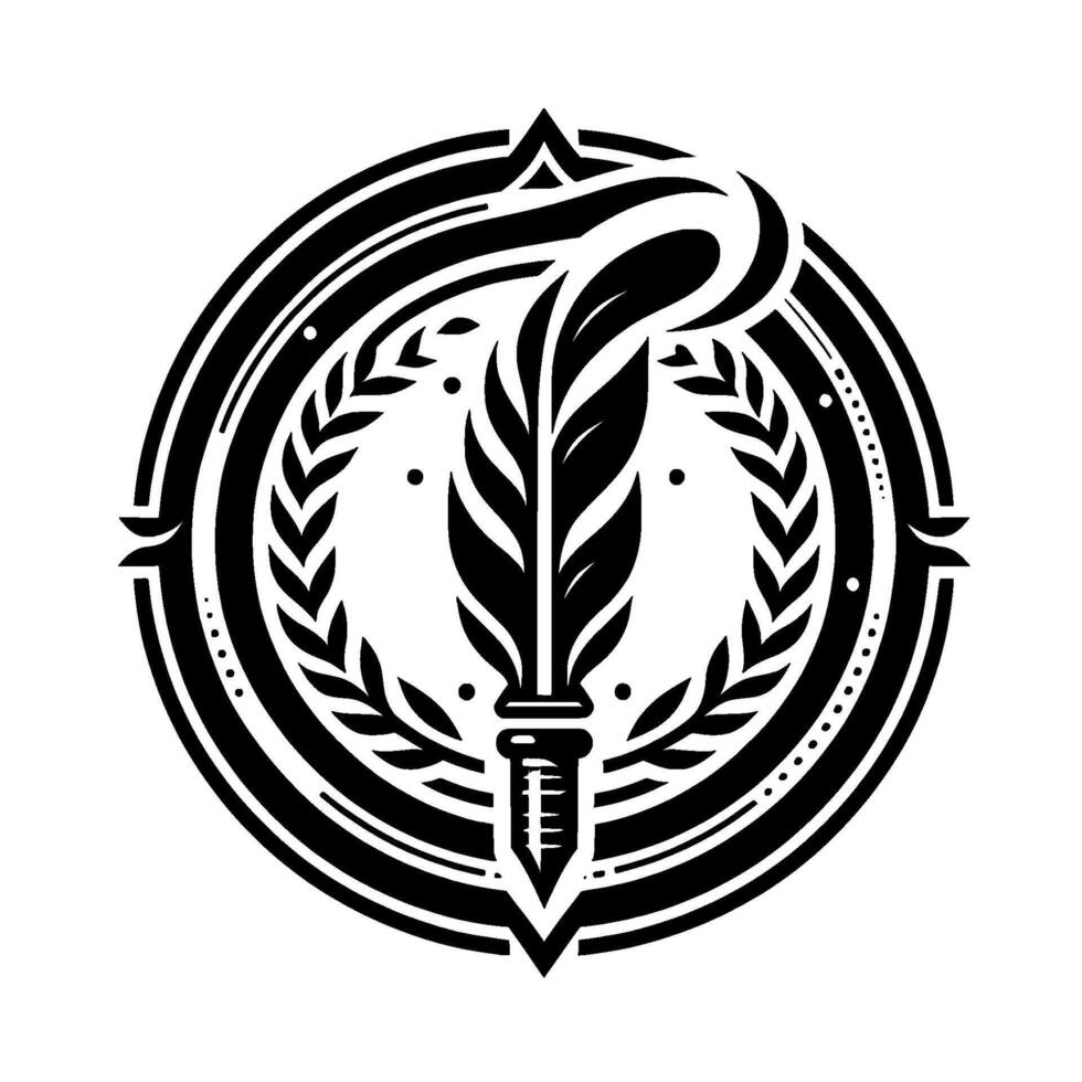 A bold black and white circular emblem featuring a stylized feather and laurel wreath, suggestive of knowledge and victory, set against a plain white background. vector
