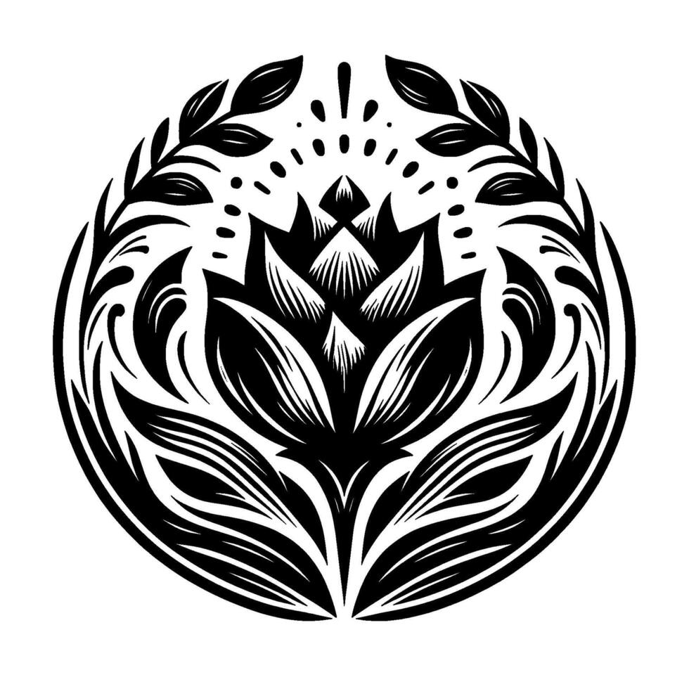 Intricate black and white floral mandala , featuring a stylized lotus flower, encircled by leaves and decorative elements, radiating outward. vector