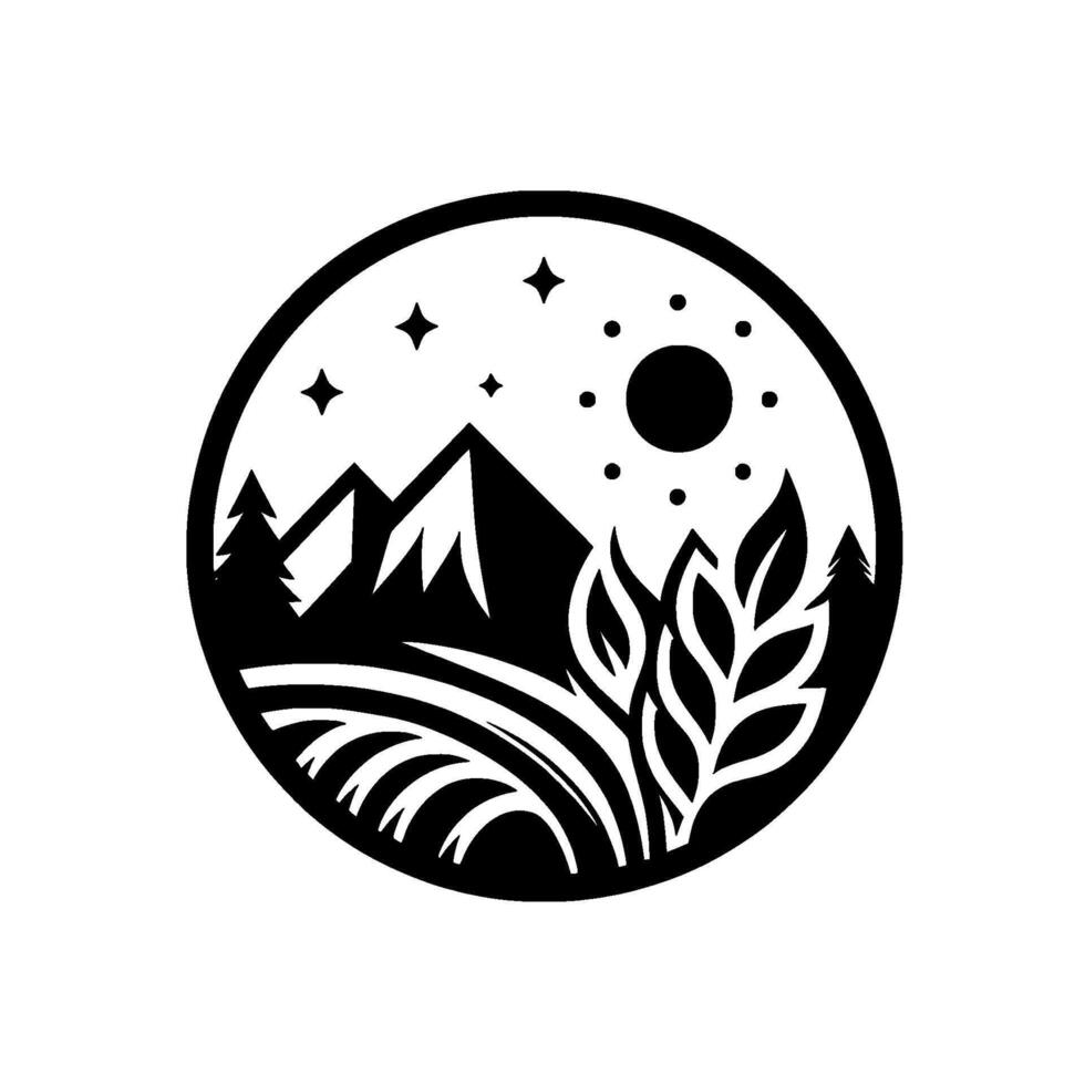 Monochromatic Circle Composition of Mountains, Sun, Stars, Wheat and Trees in a Scenic Landscape, Symbolizing Natures Beauty. vector