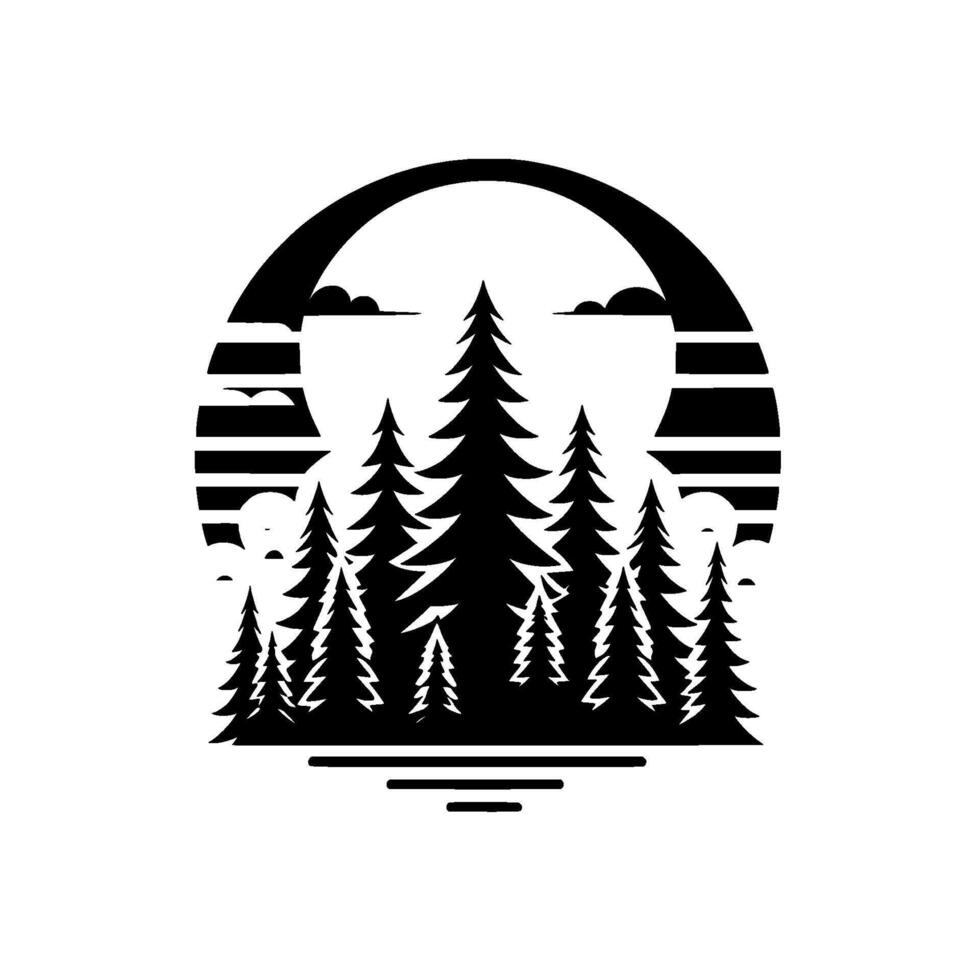 Black and white stylized forest scene with silhouetted pine trees, clouds, and a striped circle creating a natural and geometric composition. vector