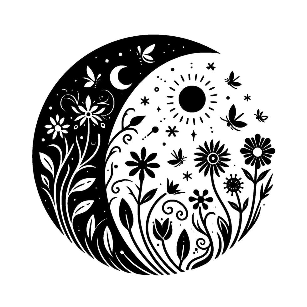 Yin Yang Floral Crescent A Black White Featuring Sun, Moon, Butterflies, and Blooming Flowers Symbolizing Harmony. vector