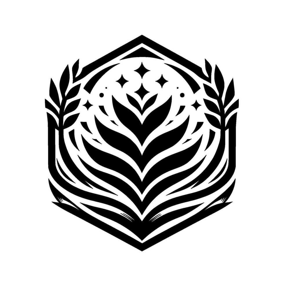 A symmetrical, geometric featuring a floral motif within a hexagonal frame, with starlike elements and symmetrical leaf branches, all rendered in black on a white background. vector