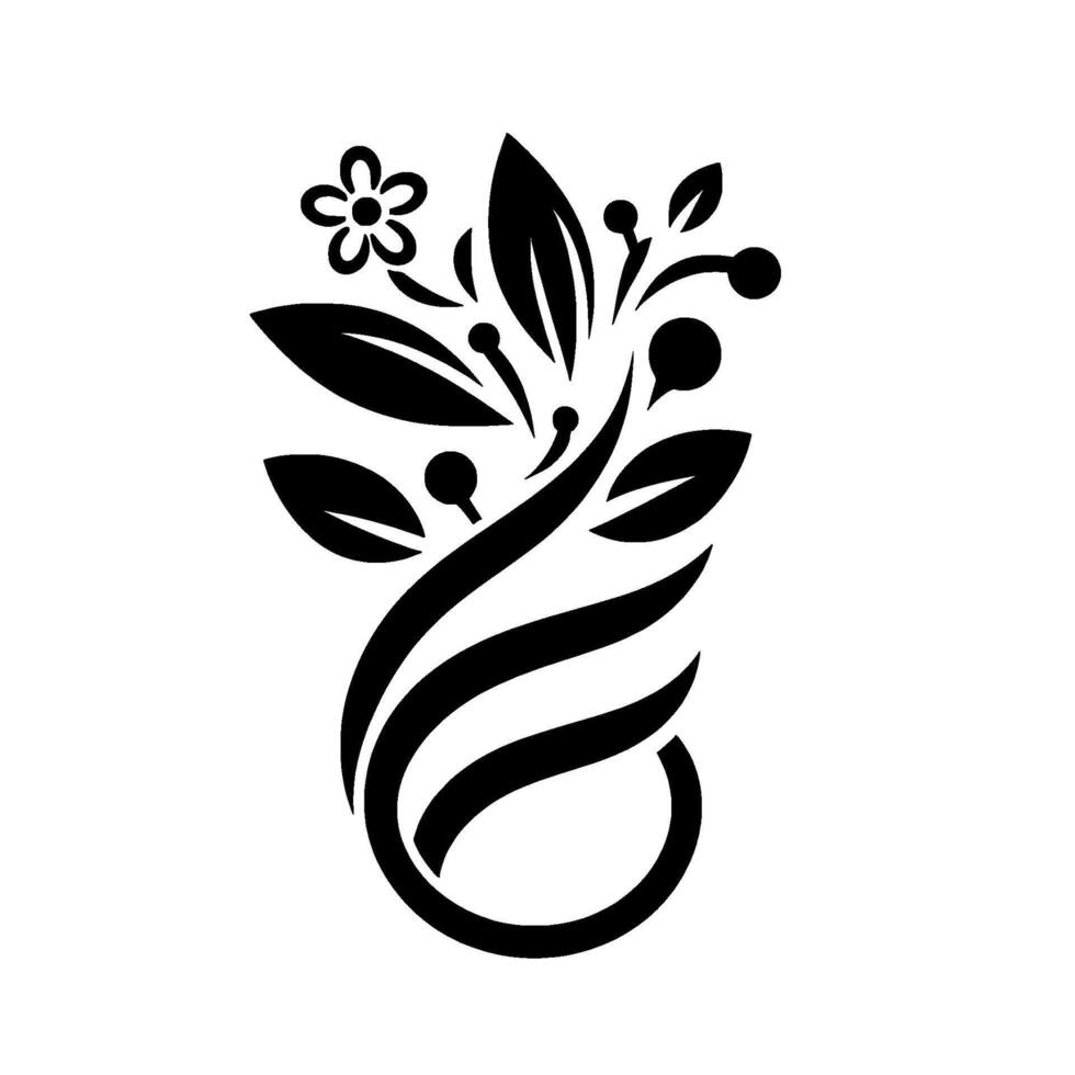 Elegant Black and White Floral Stylized Leaf Berry Motif, with Swirling Stem and Detailed Flower on Clear Background. vector