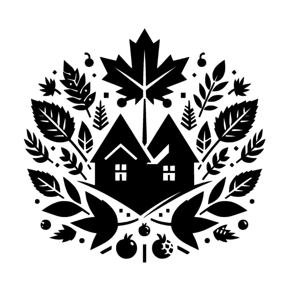 Black and White Canadianinspired illustration featuring two houses under a maple leaf, surrounded by foliage and berries, creating a circular emblem. vector